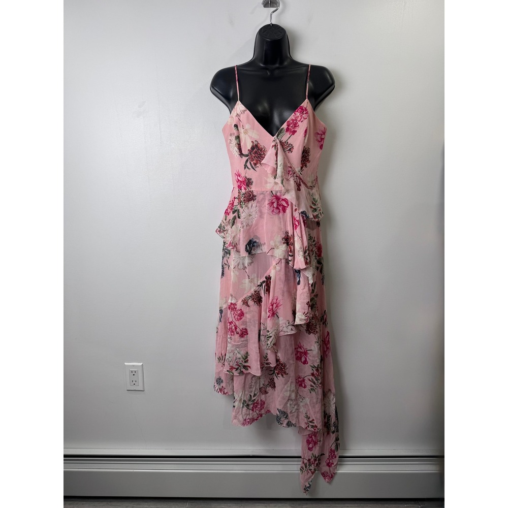 Nicholas Women Pink Floral Silk Ruffle Asymmetrical Midi Dress Size 4